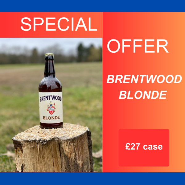 Special offer Brentwood Blonde. Branded bottle on tree stump set in rural, green background