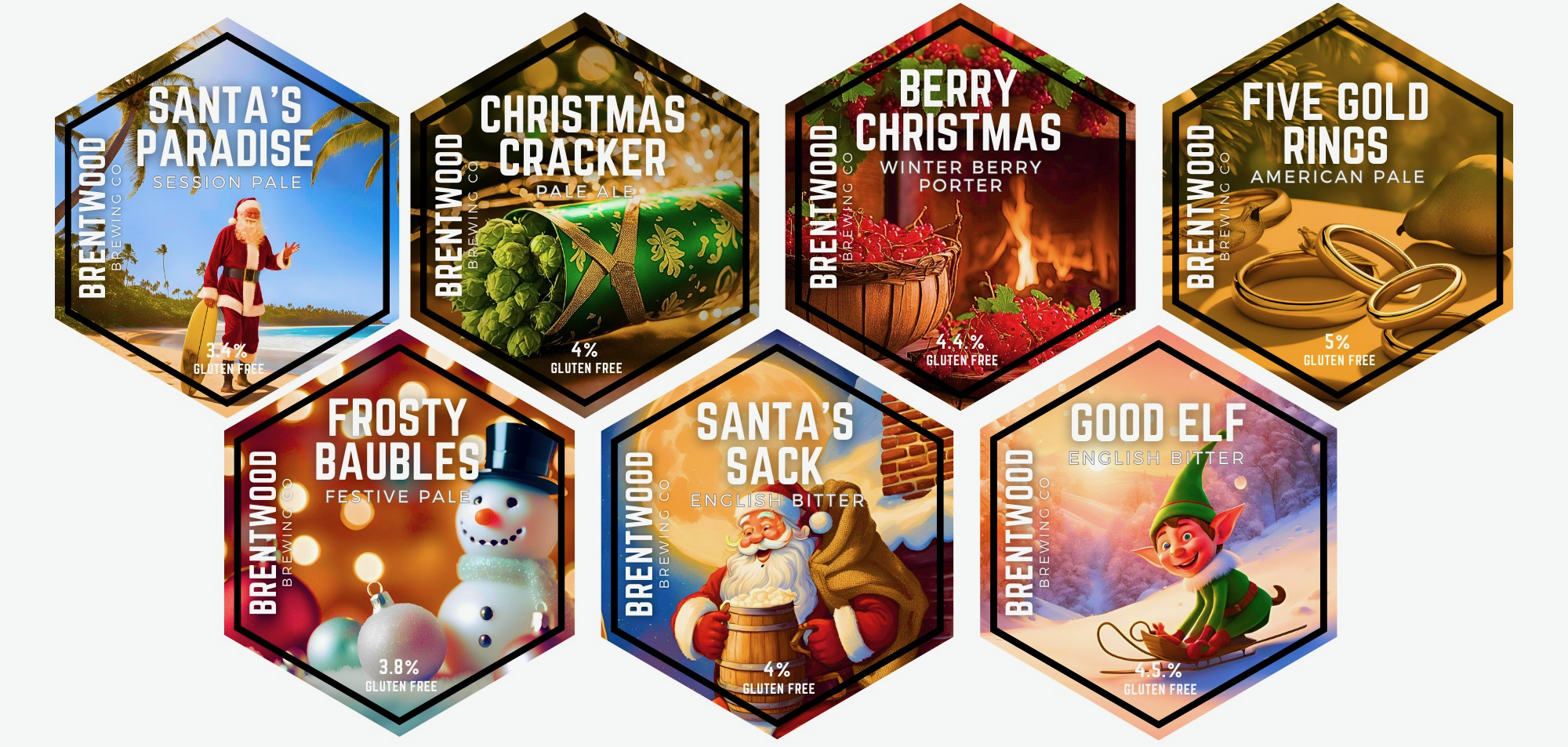 Pump Clips of Christmas Beers from Brentwood Brewing Company 2024